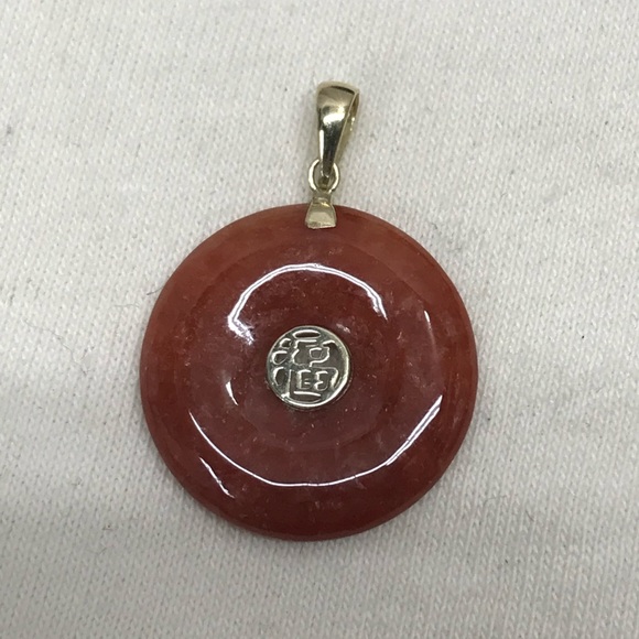 14k Gold Red Jade Chinese Jade Lucky Pendant
